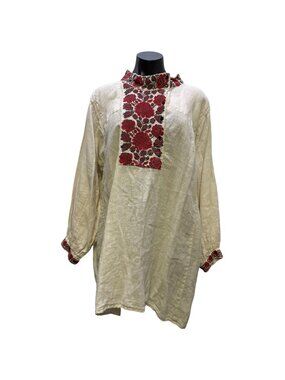 Magnolia Pearl Bohemian Blouse Cream Red Floral Embroidery OS